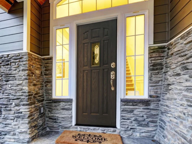 Dark six-panel entry door with sidelights and transom on a stone-faced entry in Middletown, NJ