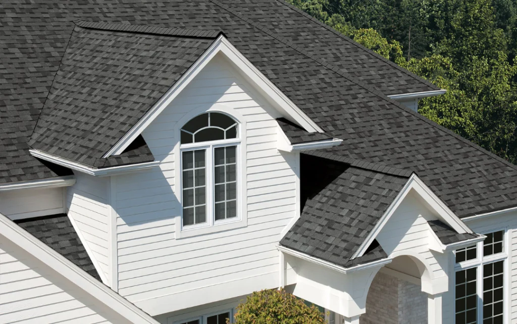 Tinton Falls NJ 10 Dark gray shingle roof over a white-sided home with an arched gable window
