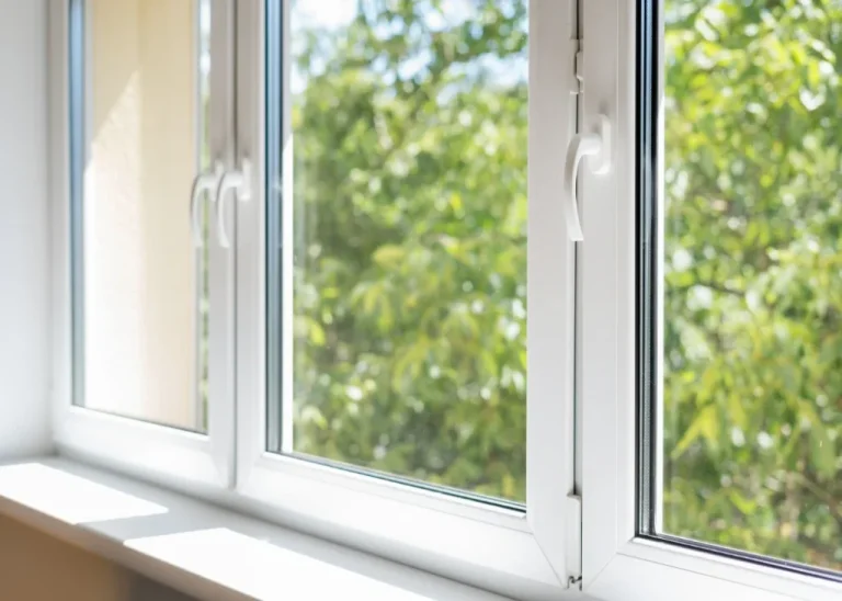 White casement windows looking out on green trees