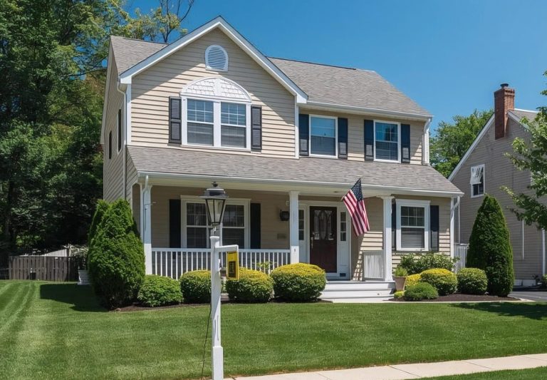 Two-story beige colonial with a new architectural shingle roof and a front porch