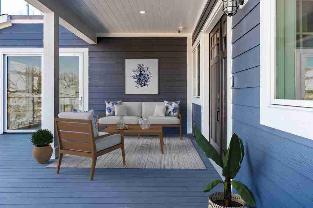Blue James Hardie fiber cement siding with white trim