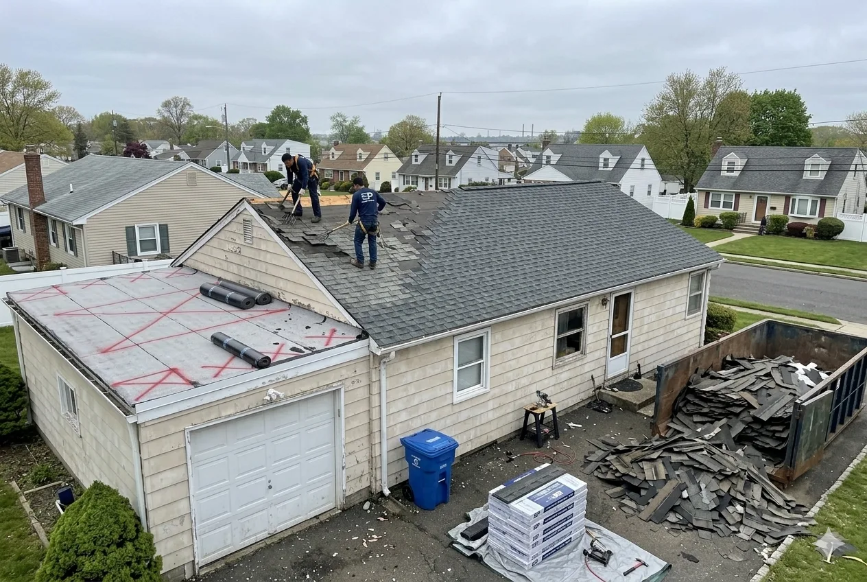 Roof Replacement in Woodbridge, NJ: 2026 Pricing, Best Materials and Warning Signs Middlesex County Homeowners Shouldn't Ignore 1 Roof replacement in progress on a 1961 ranch in Port Reading, Woodbridge NJ - crew removing original three-tab shingles showing salt air granule loss