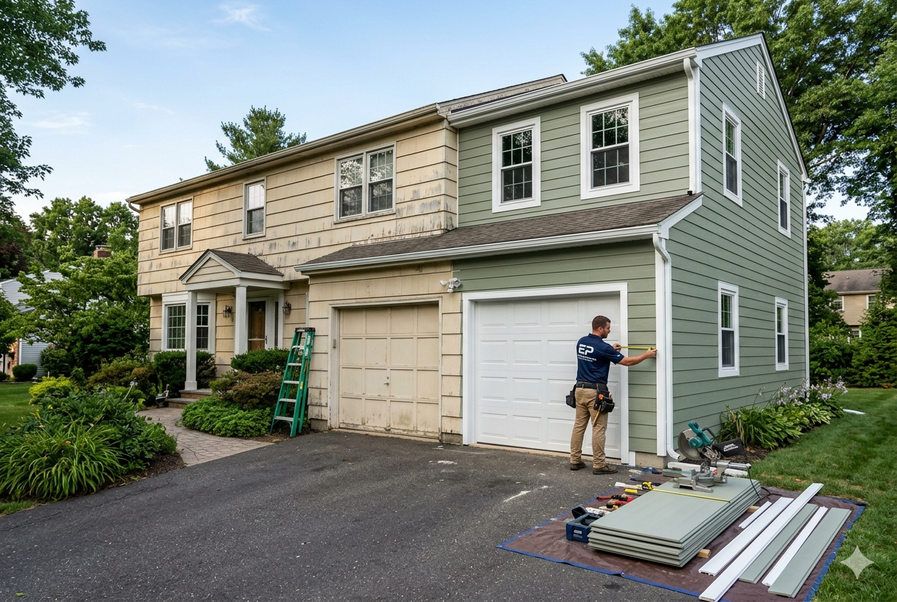 Siding Replacement in Edison, NJ: 2026 Costs, Best Materials & What Middlesex County Homeowners Need to Know 1 Siding replacement in progress on a colonial home in North Edison, NJ - new fiber cement panels being installed