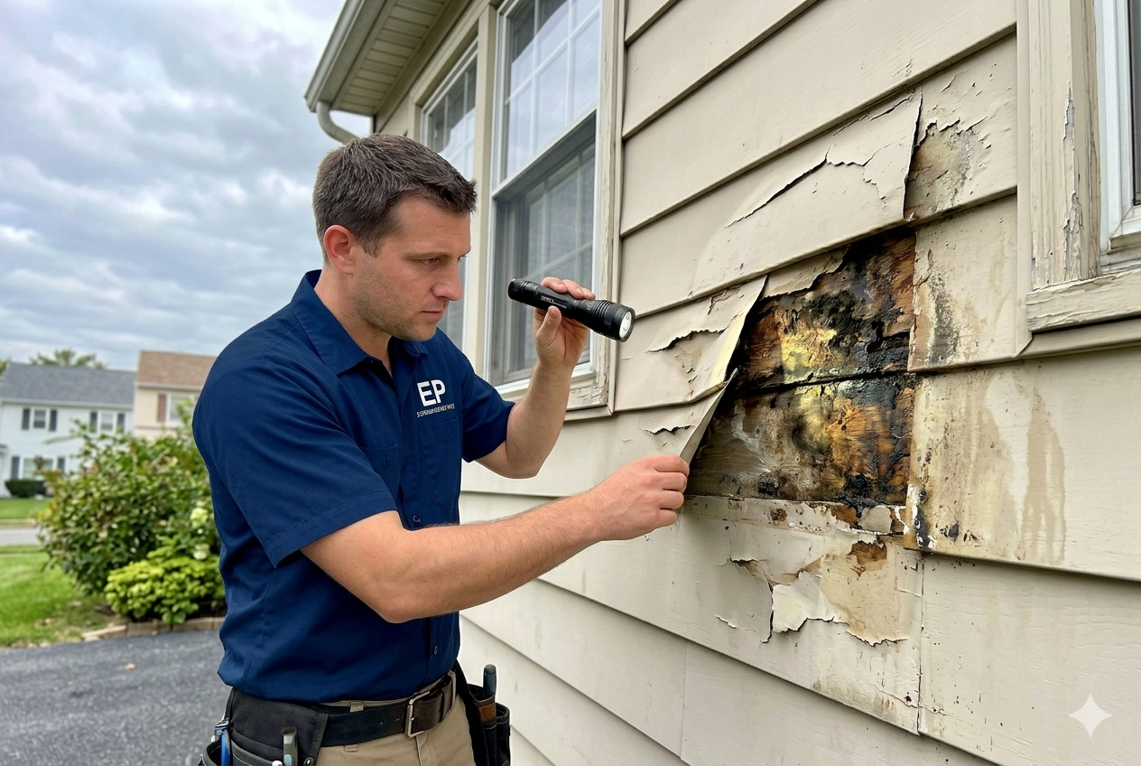 Siding Replacement in Edison, NJ: 2026 Costs, Best Materials & What Middlesex County Homeowners Need to Know 2 Siding contractor in Edison, NJ pointing to signs of rot and moisture damage on original aluminum siding panels during a home inspection
