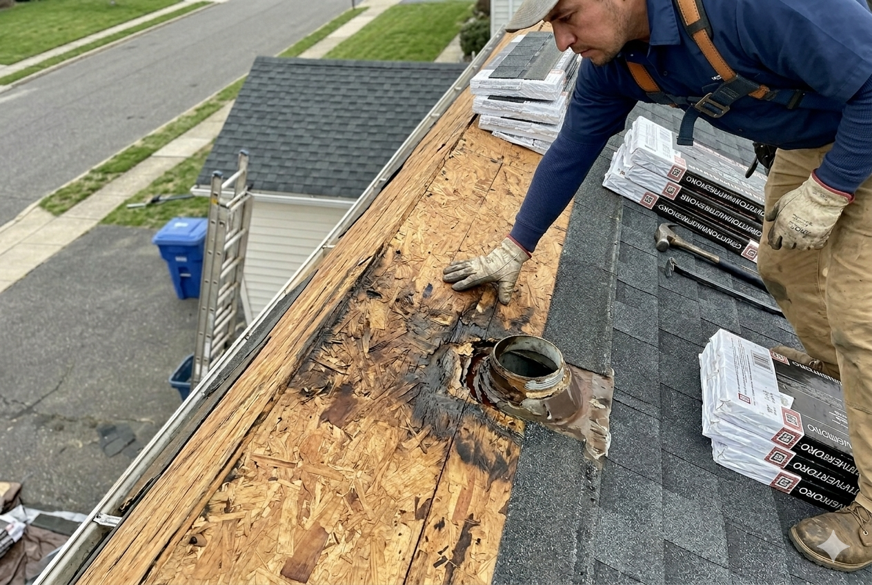 Roof Replacement in Edison, NJ: 2026 Pricing, Best Materials and Warning Signs Middlesex County Homeowners Shouldn't Ignore 2 Roofer in Edison NJ inspecting soft decking after removing old asphalt shingles from a 1980s colonial