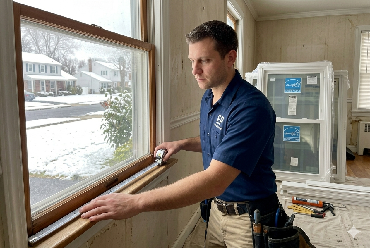 Window Replacement in Edison, NJ: Full Guide to 2026 Costs, Energy Savings and Choosing the Right Installer 1 Window replacement in progress on a 1970s colonial in North Edison, NJ - contractor measuring a double-hung window frame