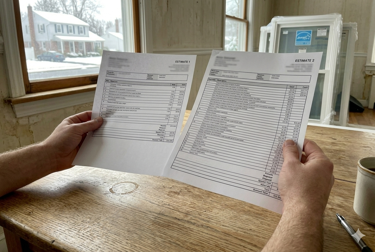 Window Replacement in Edison, NJ: Full Guide to 2026 Costs, Energy Savings and Choosing the Right Installer 2 Homeowner in Edison NJ reviewing two different window replacement estimates side by side at kitchen table