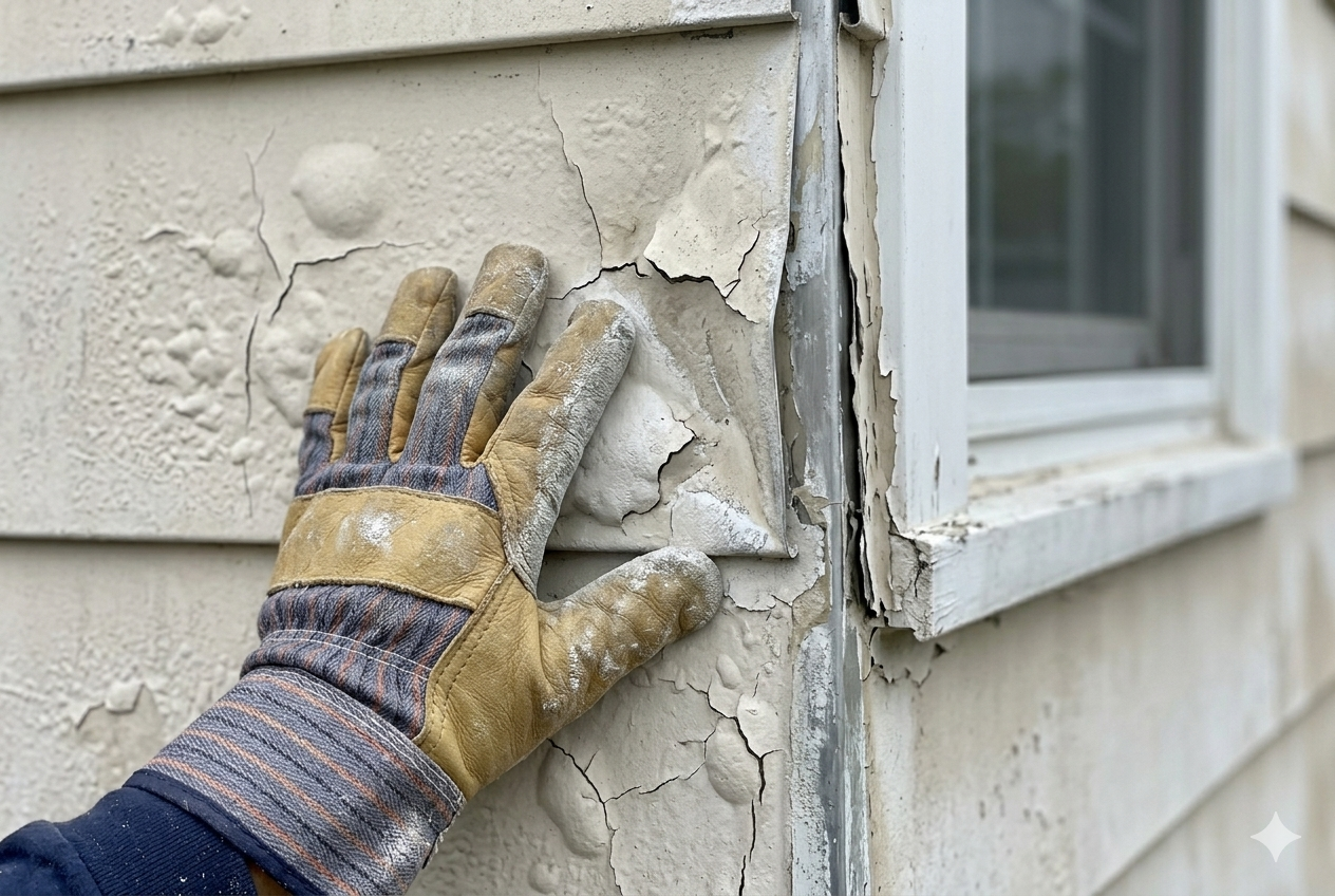 Siding Replacement in Woodbridge, NJ: 2026 Costs, Best Materials & What Middlesex County Homeowners Need to Know 2 Contractor inspecting chalking and moisture damage on original aluminum siding panels on a 1960s cape cod in Fords, Woodbridge NJ