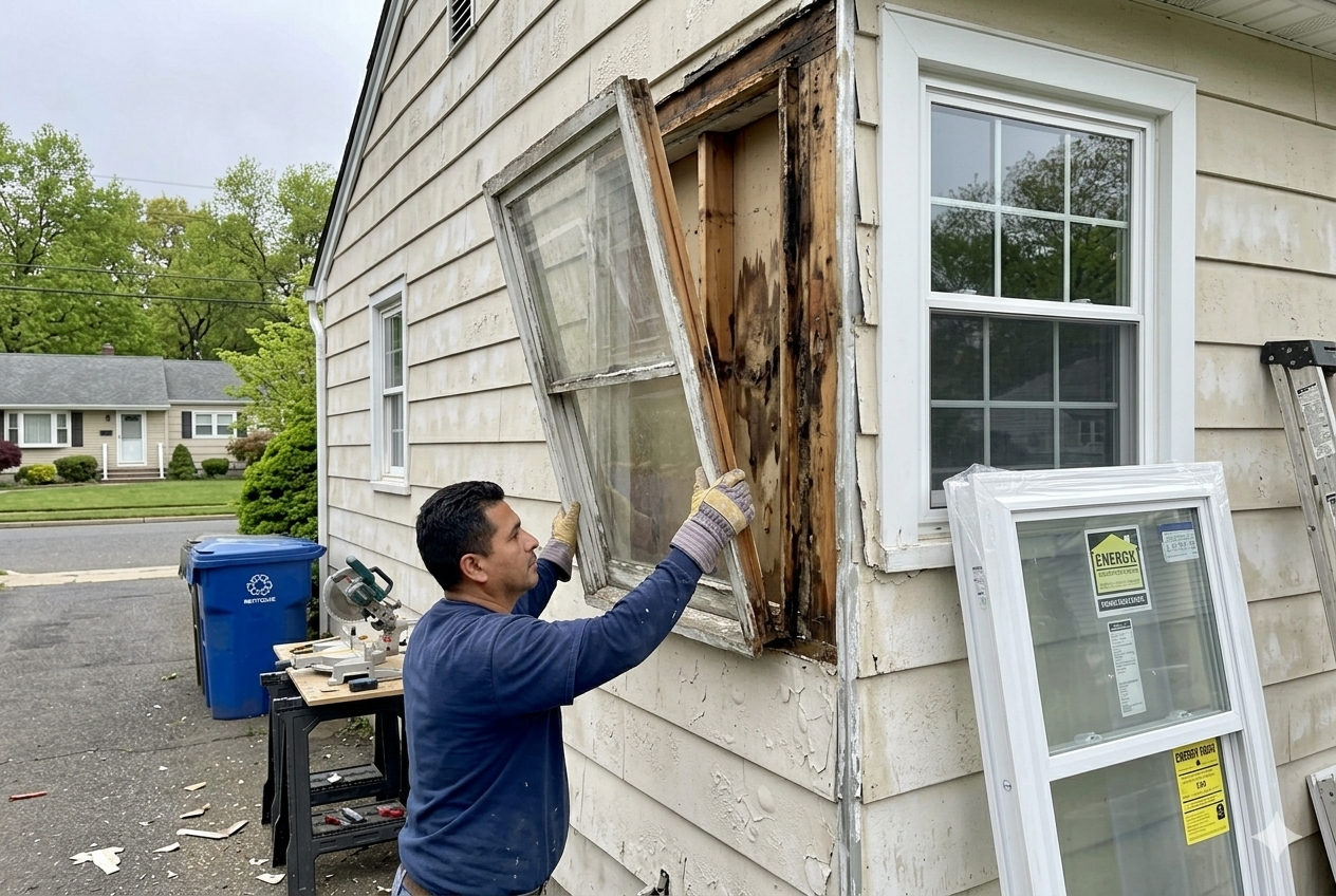 Window Replacement in Woodbridge, NJ: Full Guide to 2026 Costs, Energy Savings and Choosing the Right Installer 1 Window replacement in progress on a 1958 ranch in Iselin, Woodbridge NJ - contractor removing original wood-frame single-hung window