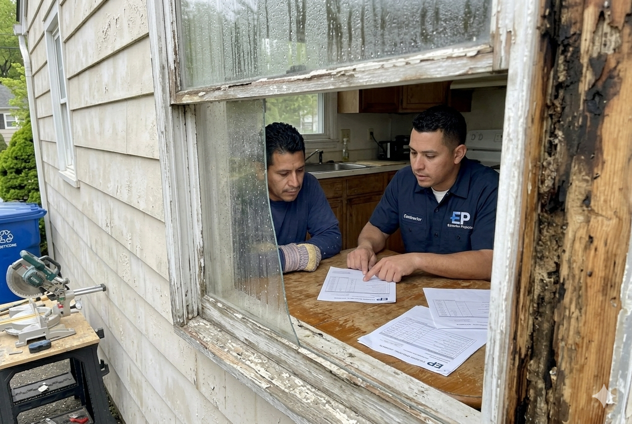 Window Replacement in Woodbridge, NJ: Full Guide to 2026 Costs, Energy Savings and Choosing the Right Installer 2 Homeowner in Avenel, Woodbridge NJ reviewing window replacement estimates at kitchen table with contractor