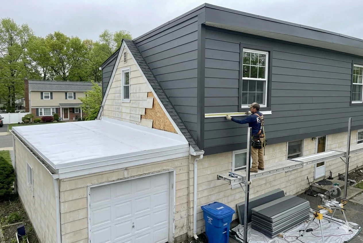 Siding Replacement in Clark, NJ: 2026 Costs, Best Materials & What Union County Homeowners Need to Know 1 Siding replacement in progress on a 1970s split-level in Clark, NJ - new James Hardie fiber cement panels being installed on the upper level