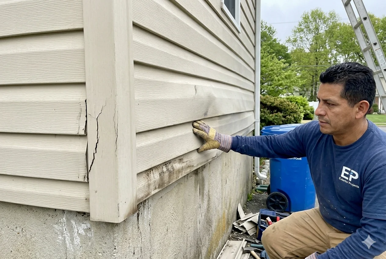 Siding Replacement in Clark, NJ: 2026 Costs, Best Materials & What Union County Homeowners Need to Know 2 Contractor inspecting warped and moisture-damaged lower level siding panels on a 1970s split-level in Clark, NJ