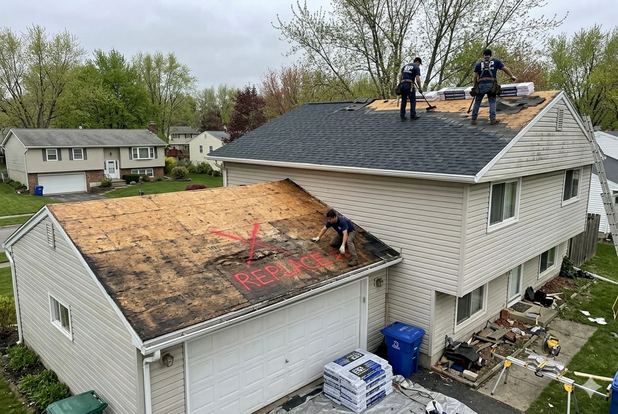 Roof Replacement in Clark, NJ: 2026 Pricing, Best Materials and Warning Signs Union County Homeowners Shouldn't Ignore 1 Roof replacement in progress on a split-level in Clark, NJ - new architectural shingles being installed on the upper main section, lower garage section visible