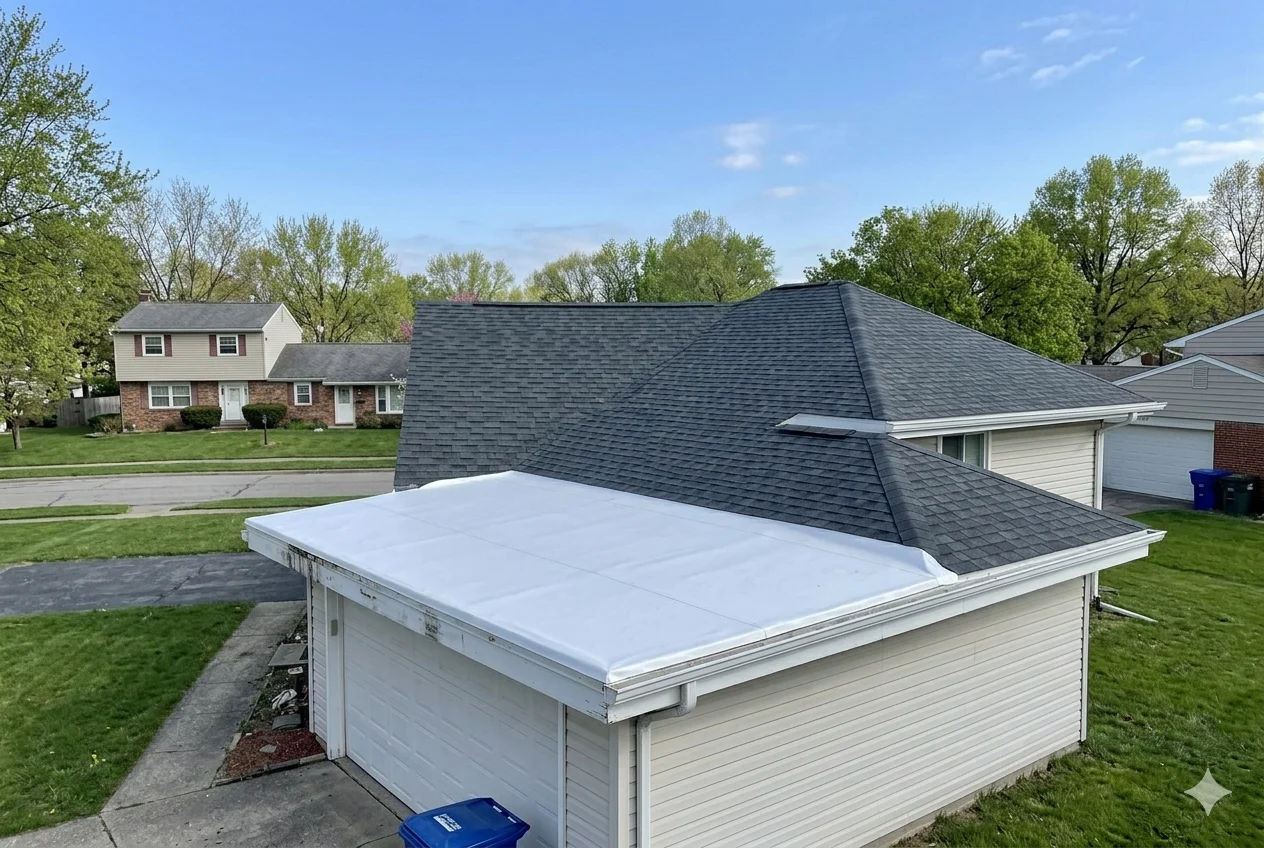 Roof Replacement in Clark, NJ: 2026 Pricing, Best Materials and Warning Signs Union County Homeowners Shouldn't Ignore 2 Completed split-level roof replacement in Clark NJ showing new architectural shingles on upper section and TPO membrane on lower garage section