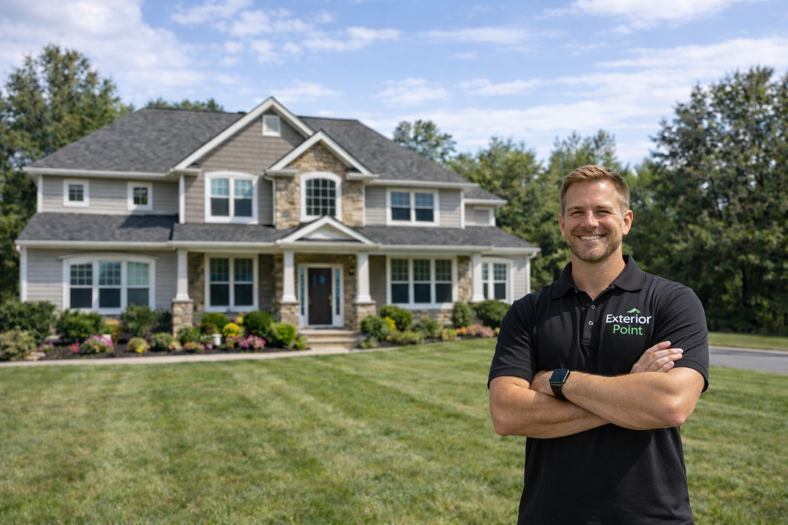 Exterior Point roofing consultant in front of a completed New Jersey home