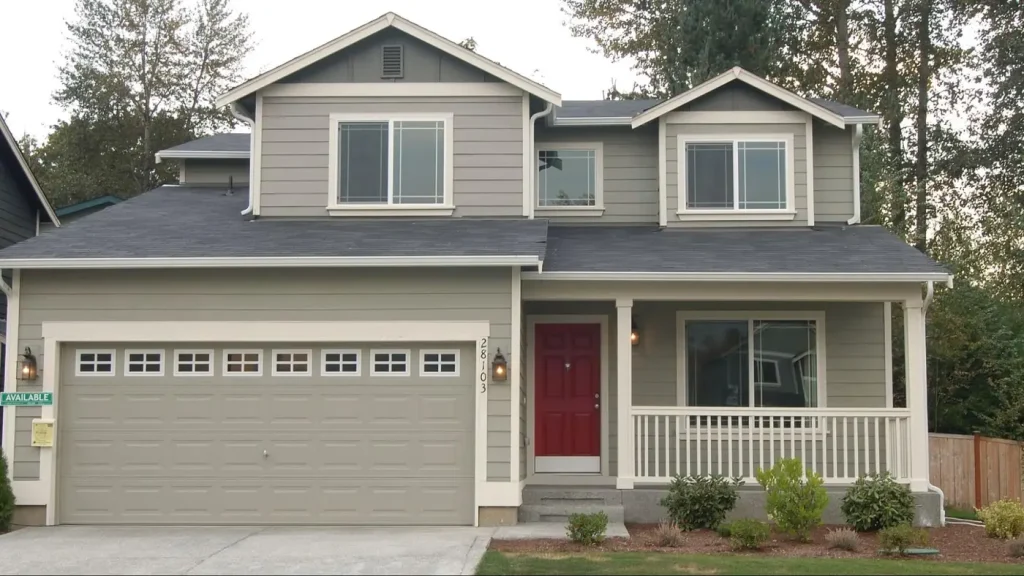 Two-story gray-sided home with a red front door and front porch
