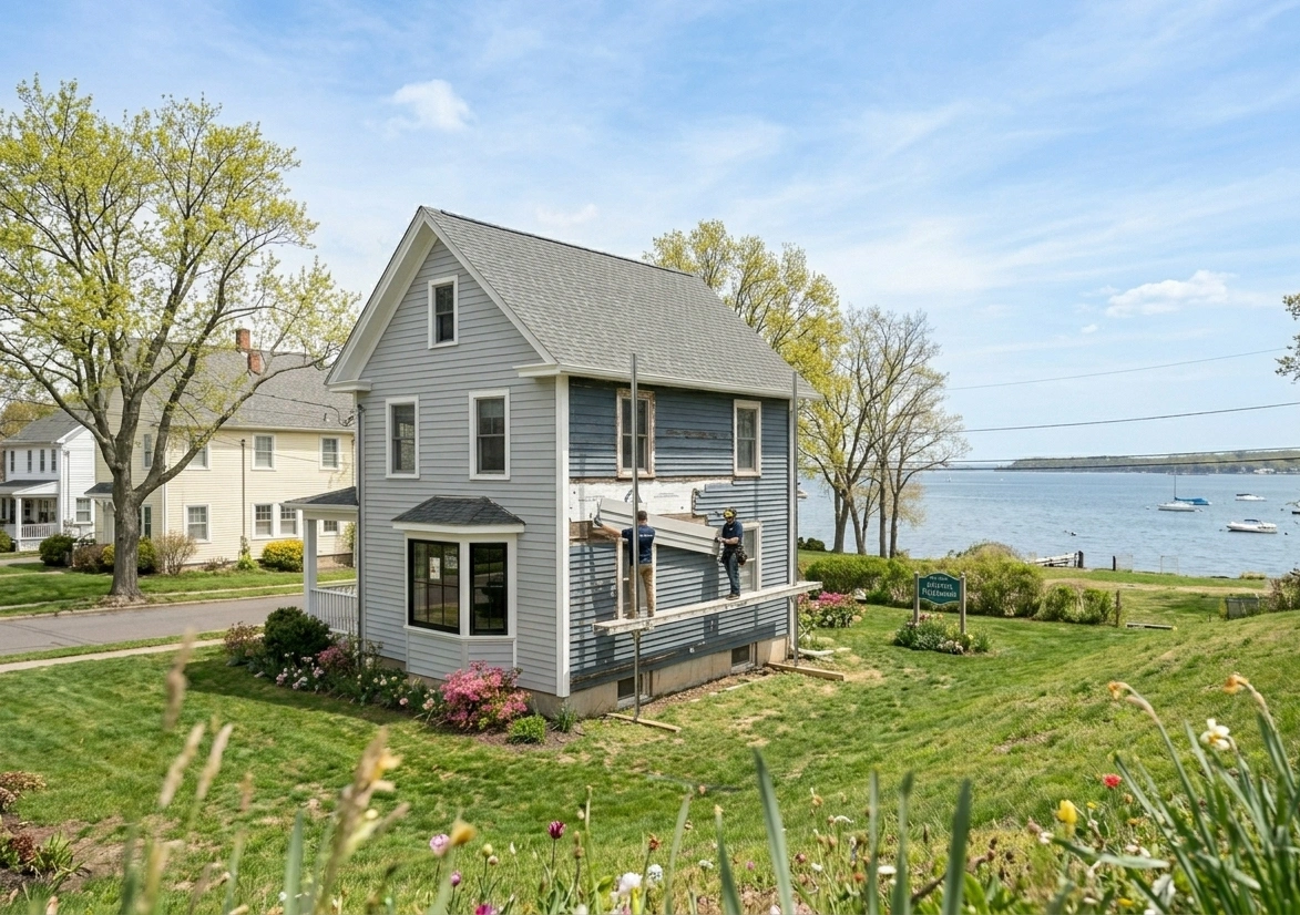 Siding Replacement in Atlantic Highlands, NJ: What Coastal Monmouth County Homeowners Need to Know in 2026 1 Fiber cement siding installation on a Victorian home in Atlantic Highlands, NJ - views of Sandy Hook in the background, coastal-grade materials