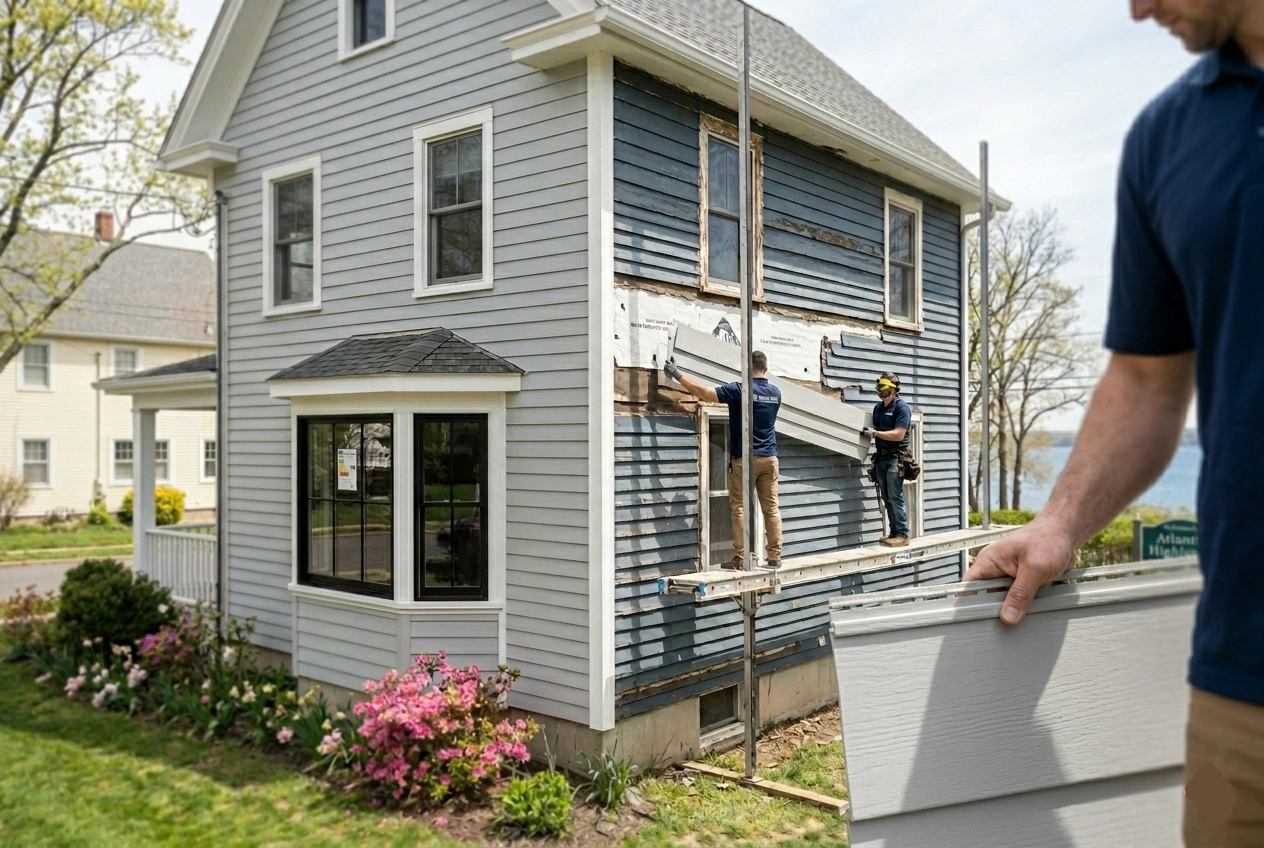 Siding Replacement in Atlantic Highlands, NJ: What Coastal Monmouth County Homeowners Need to Know in 2026 2 Fiber cement siding installation on a Victorian home in Atlantic Highlands, NJ - views of Sandy Hook in the background, coastal-grade materials