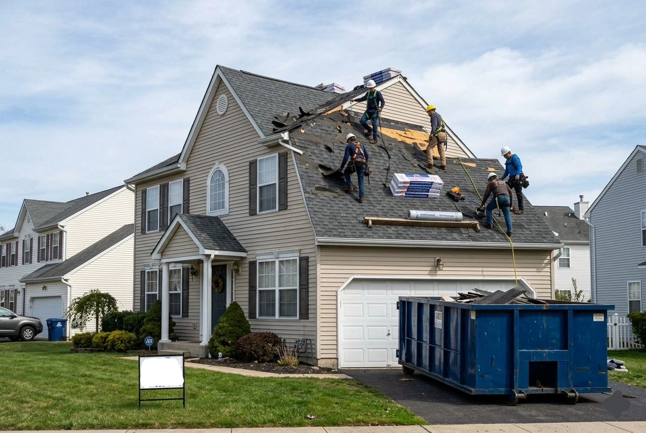 Roof Replacement in Eatontown, NJ: What Monmouth County Homeowners Need to Know in 2026 1 Roof replacement in progress on a colonial home in Eatontown, NJ near Fort Monmouth - architectural shingles being installed