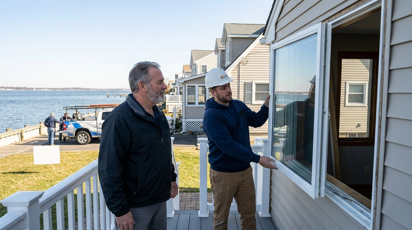 Window Replacement in Keyport, NJ: What Waterfront Monmouth County Homeowners Need to Know in 2026 1 Fiber cement siding installation on a waterfront home in Keyport, NJ overlooking Raritan Bay - coastal-grade materials and proper flashing