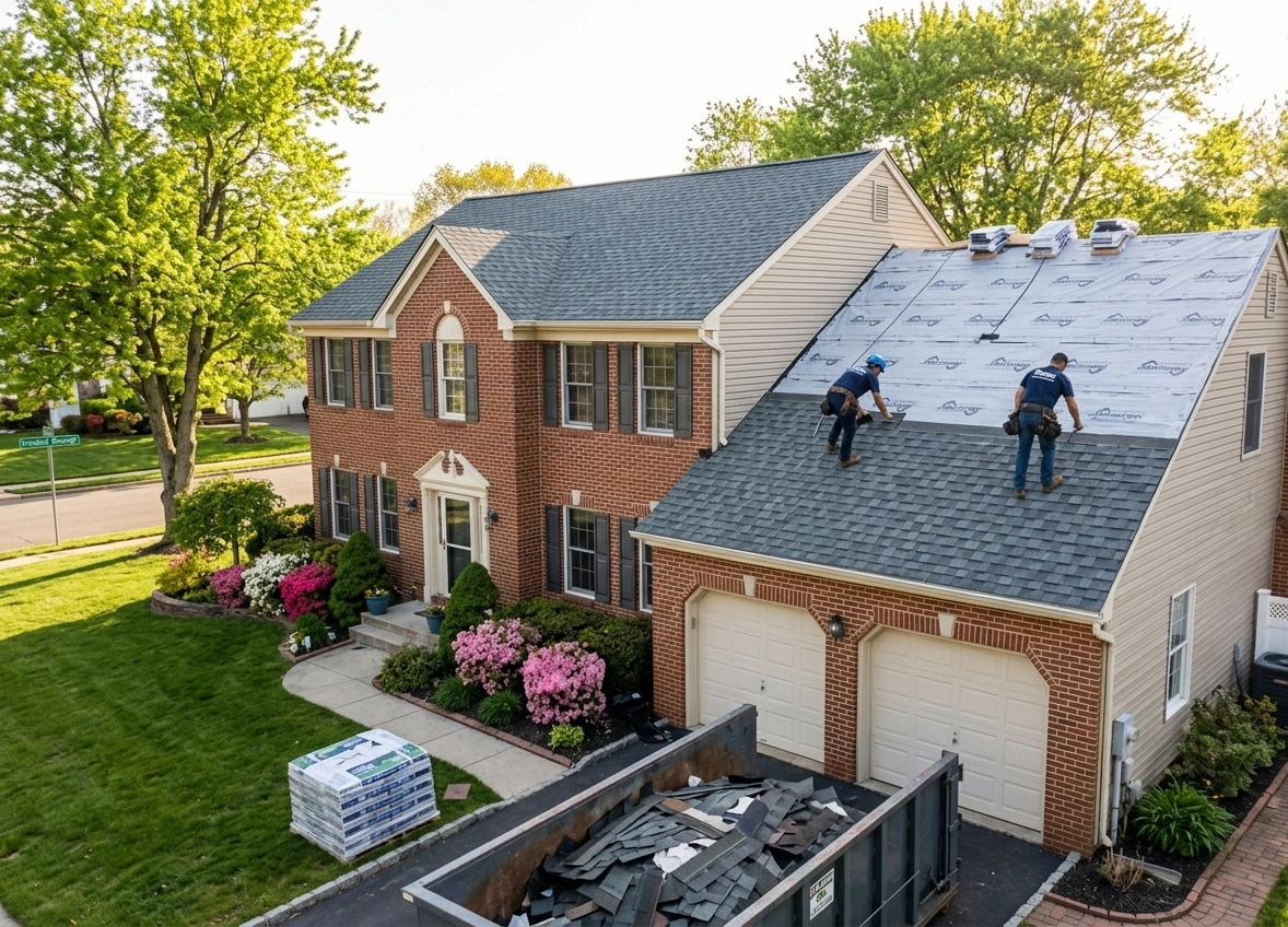 Roof Replacement in Freehold, NJ: What Monmouth County Homeowners Need to Know in 2026 1 Roof replacement in progress on a colonial home in Freehold, NJ - architectural shingles being installed near Hall of Records area