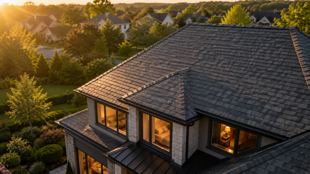 Aerial view of a home with a dark architectural shingle roof at sunset