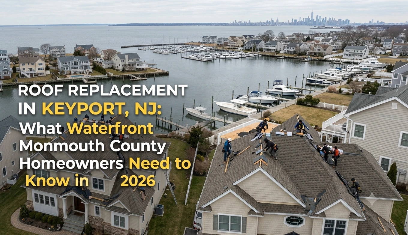 Roof Replacement in Keyport, NJ: What Waterfront Monmouth County Homeowners Need to Know in 2026 1 Coastal-grade roof replacement on a waterfront home in Keyport, NJ overlooking Raritan Bay - architectural shingles with enhanced underlayment