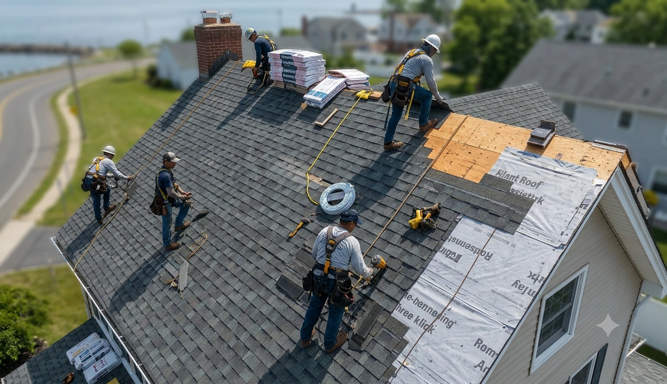 Roof Replacement in Atlantic Highlands, NJ: What Coastal Monmouth County Homeowners Need to Know in 2026 2 Completed standing seam metal roof on a Victorian home in Atlantic Highlands NJ overlooking Sandy Hook - dark green Kynar-coated panels with copper flashing