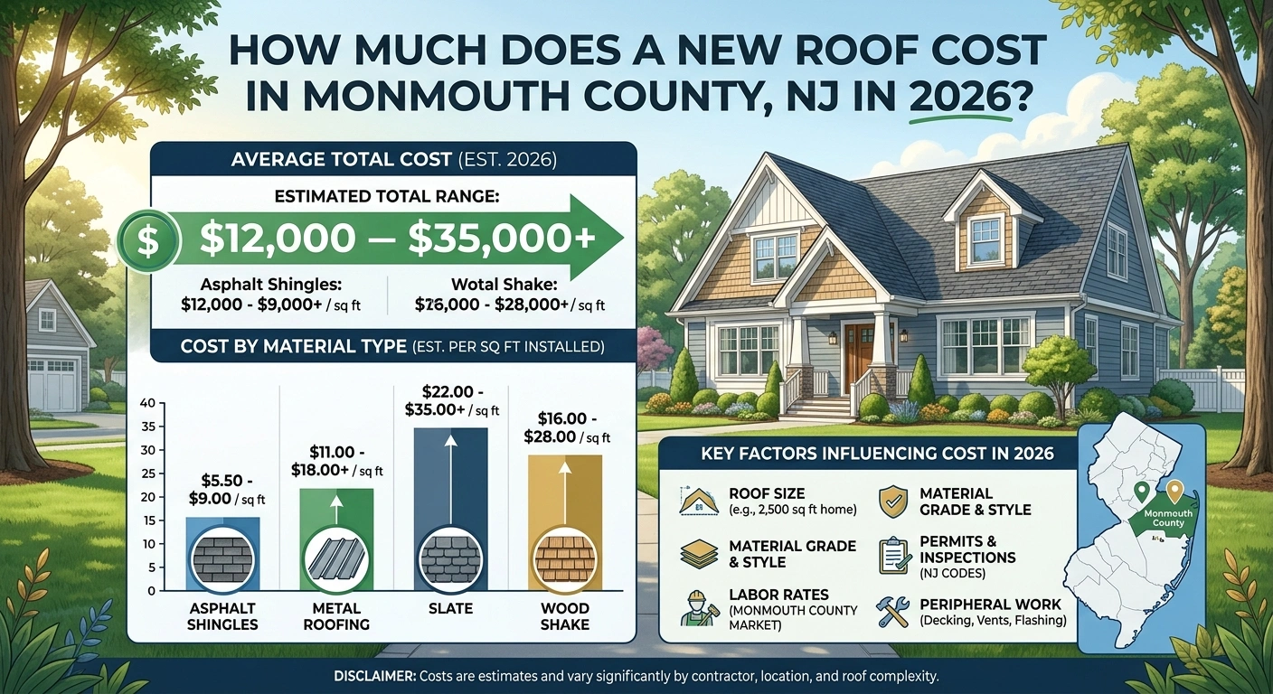 How Much Does a New Roof Cost in Monmouth County, NJ in 2026? 1 New roof installation on a Monmouth County, NJ home — architectural shingles with proper ventilation and flashing