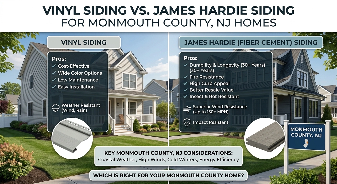 Vinyl Siding vs. James Hardie Siding for Monmouth County, NJ Homes 1 Comparison of vinyl siding and James Hardie fiber cement siding on Monmouth County, NJ homes — showing different textures and finishes