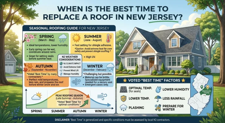 Infographic comparing the best seasons to replace a roof in New Jersey