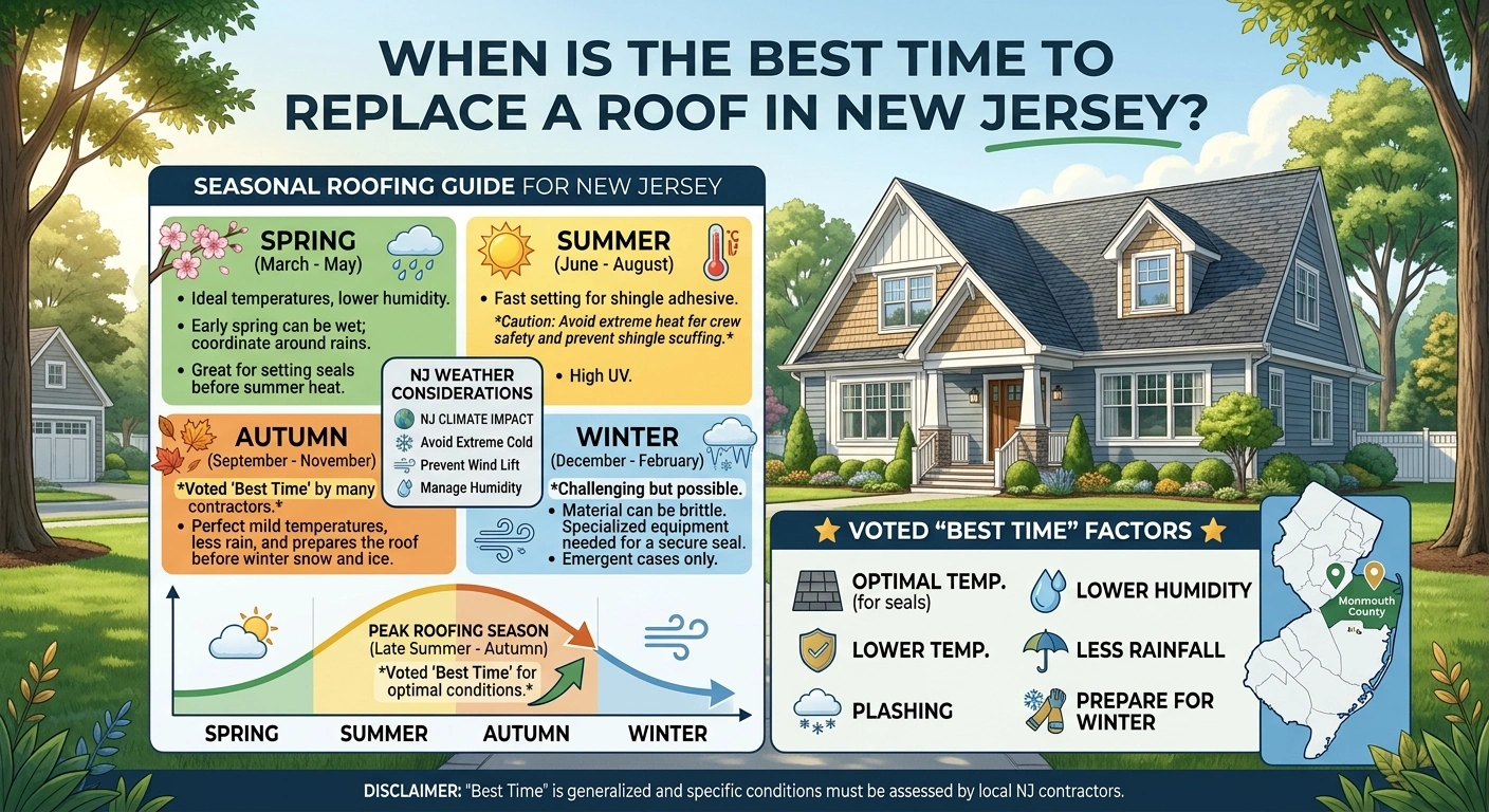 When Is the Best Time to Replace a Roof in New Jersey? 1 Seasonal guide for roof replacement in New Jersey — fall is the best time with mild temperatures and ideal shingle sealing conditions