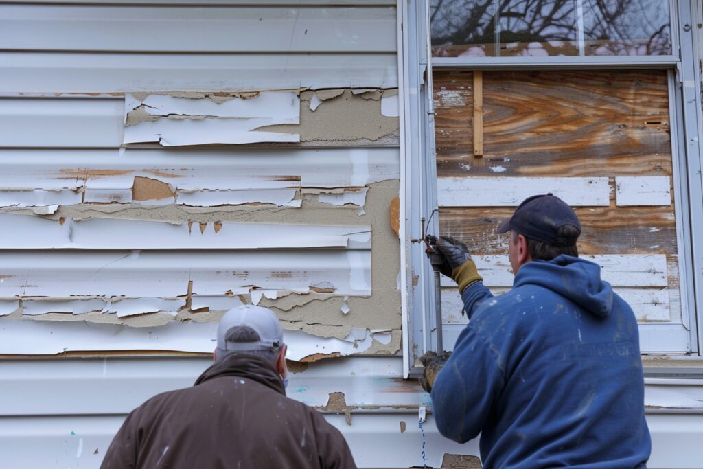 Contractors removing old, damaged siding from a home