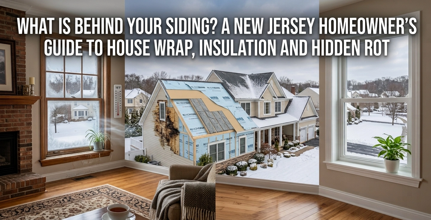 Siding being removed from a New Jersey home revealing house wrap, insulation, and hidden rot damage underneath