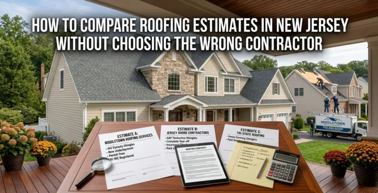 Roofing estimates, a magnifying glass and a calculator laid out in front of a New Jersey home