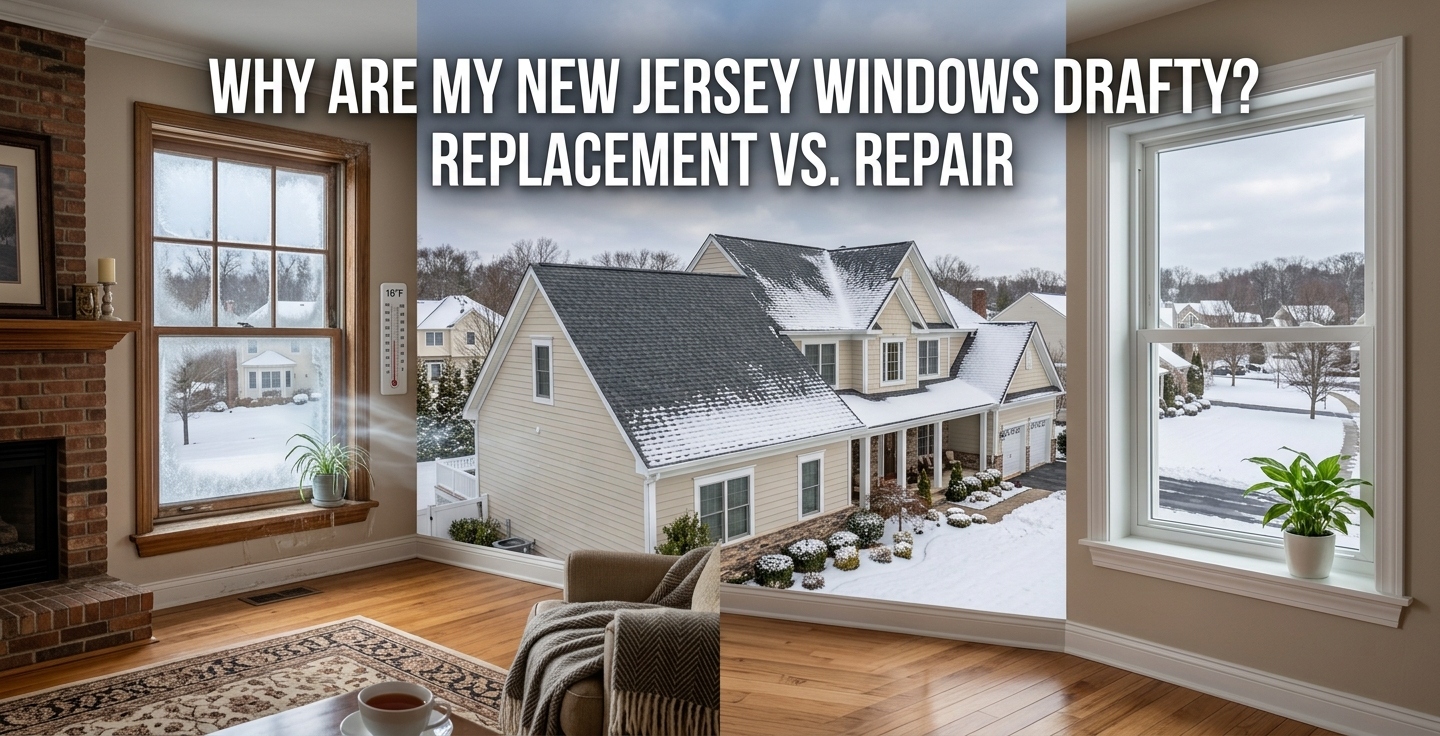New Jersey homeowner inspecting drafty windows in winter - deciding between repair and full replacement