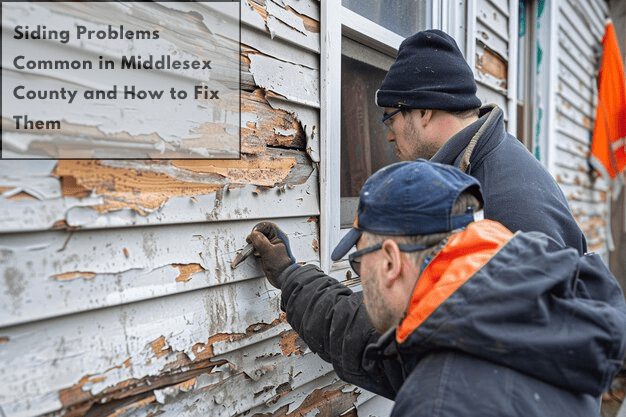 Workers inspecting peeling, damaged siding, with the Middlesex County siding problems title