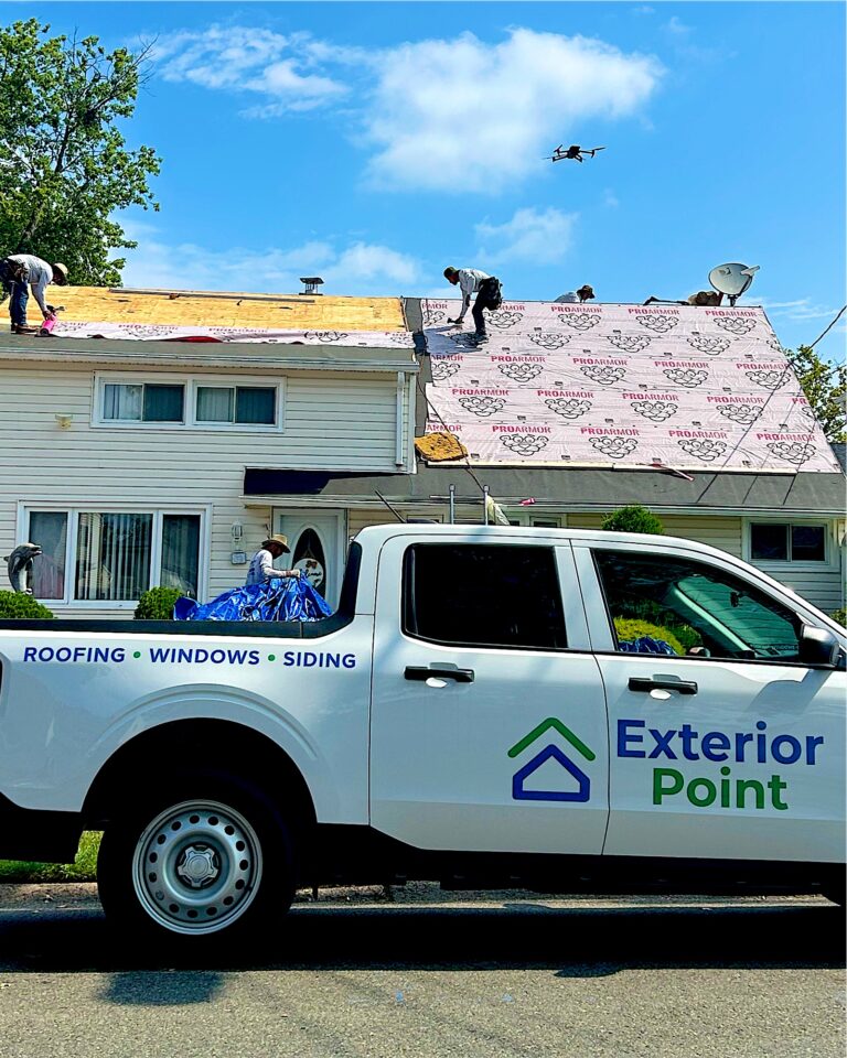 Exterior Point truck outside while the crew installs a new roof in Iselin, Woodbridge Township, NJ