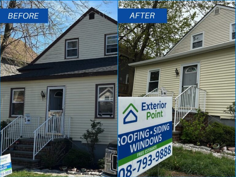 Before and after gutter and fascia replacement on a cape in Middletown, NJ