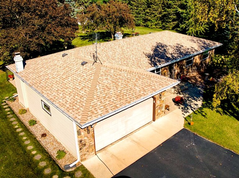 Aerial view of a new architectural shingle roof on a ranch home in Highlands, NJ