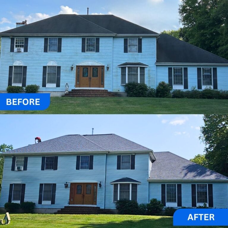 Before and after roof replacement on a two-story colonial in Lincroft, NJ