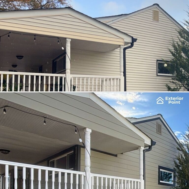Before and after siding replacement on a home with a covered porch in Eatontown, NJ