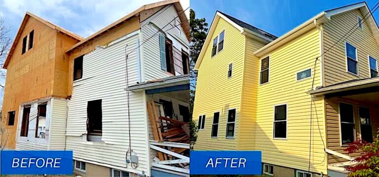 Before and after siding replacement on a two-story home in Whiting, NJ