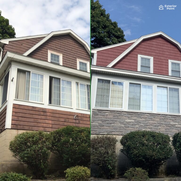 Before and after new red siding and stone veneer on a home in Atlantic Highlands, NJ