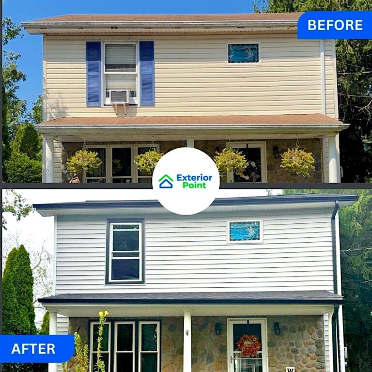 Before and after siding and window replacement on a colonial in Atlantic Highlands, NJ