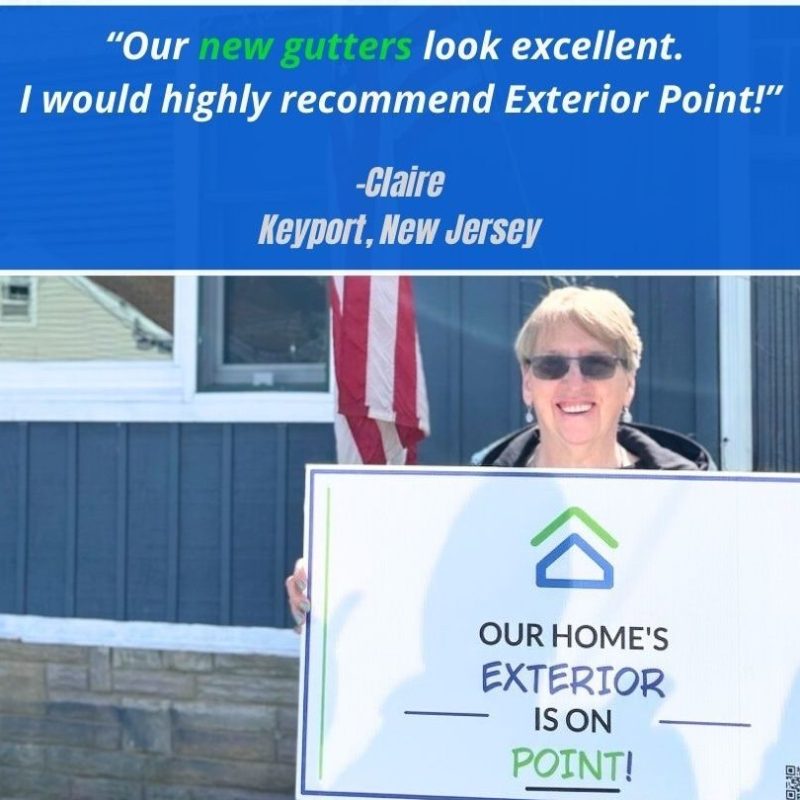 Happy homeowner with new gutters installed near Cliffwood, New Jersey
